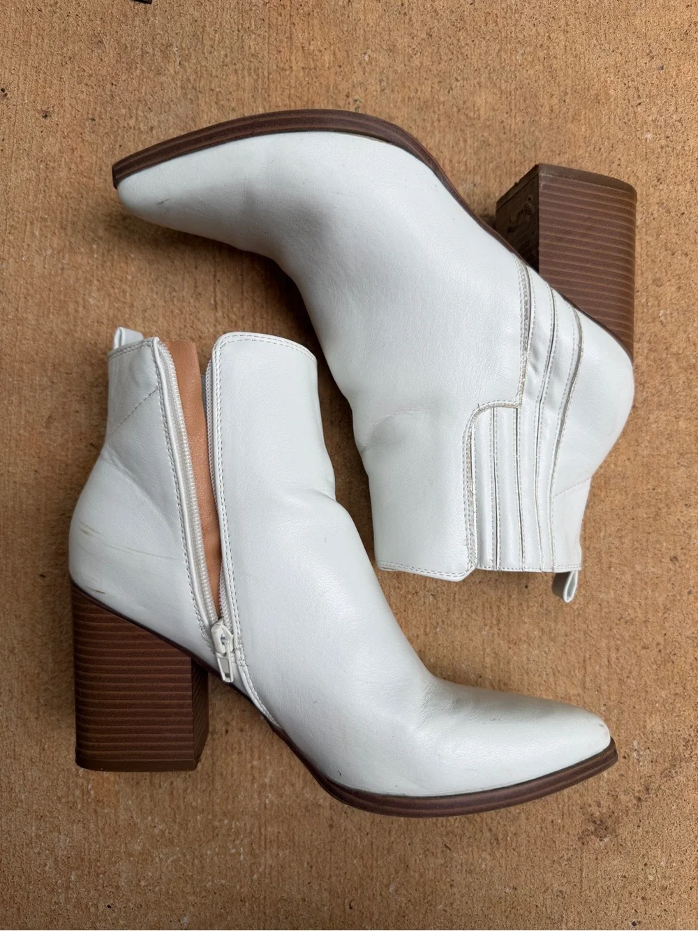 Indigo White Leather Ankle Booties with Stacked Brown Block Heel